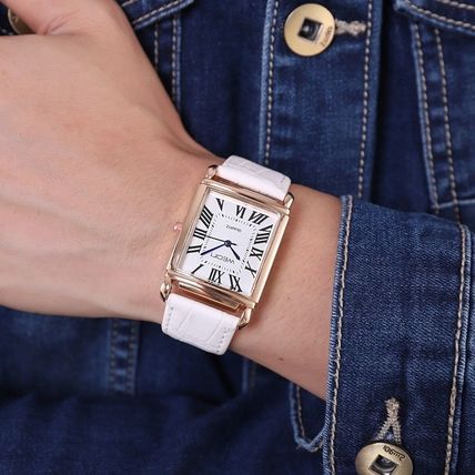 Gents Square Tank Face High Quality White Calfskin Genuine Leather Strap Watch
