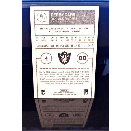 DEREK CARR 2016 CLASSICS FOOTBALL CARD #89