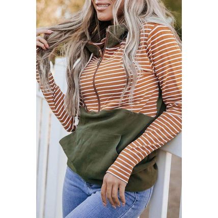 Orange Striped Color Block Patchwork Thumbhole Sleeve Hoodie