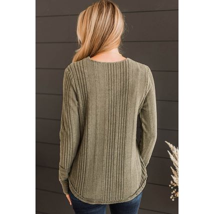 Jungle Green V Neck Buttoned Ribbed Knit Top