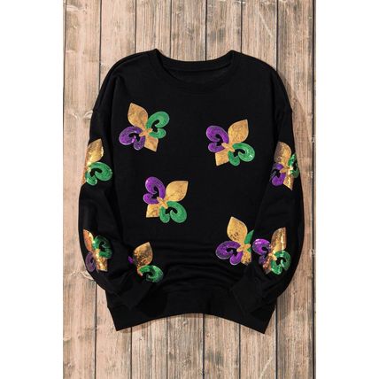 Black Sequin Mardi Gras Graphic Pullover Sweatshirt