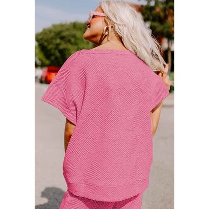Strawberry Pink Textured Loose Fit T Shirt and Drawstring Pants Set