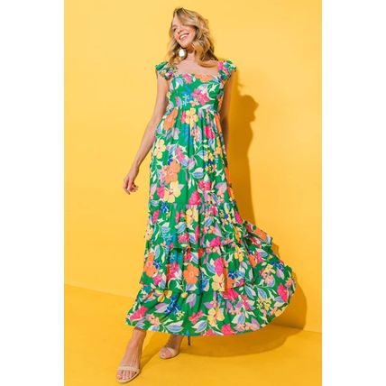 Green Floral Print Sleeveless Ruffle Tiered Maxi Dress