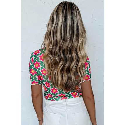 Fiery Red Retro Floral Print Crew Neck T Shirt