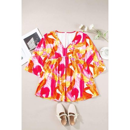Orange Abstract Print 3/4 Sleeve V Neck Ruffled Babydoll Blouse
