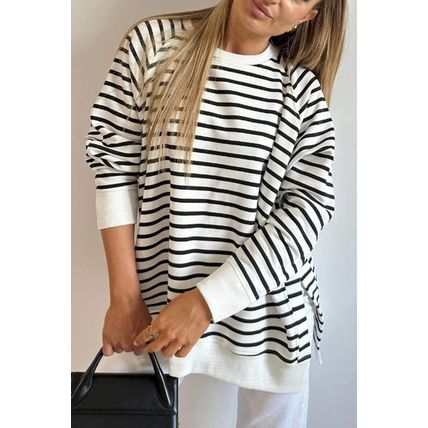 Black Stripe Raglan Sleeve Side Slits Loose Sweatshirt
