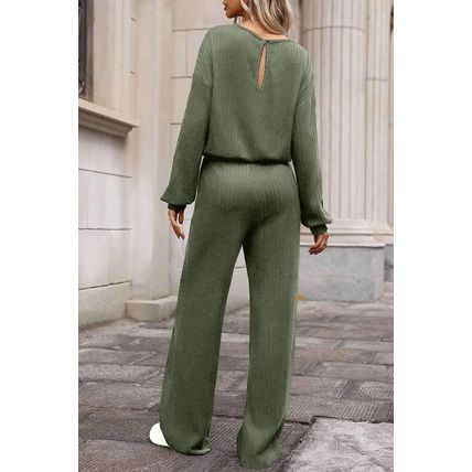 Laurel Green Solid Ribbed Knit Keyhole Back High Waist Jumpsuit