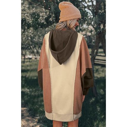 Beige Oversized Color Block Patchwork High Low Hoodie
