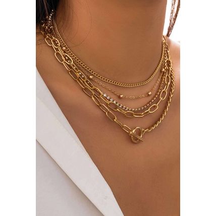 Gold 5pcs Layered Rhinestone Chain Collarbone Necklaces Set