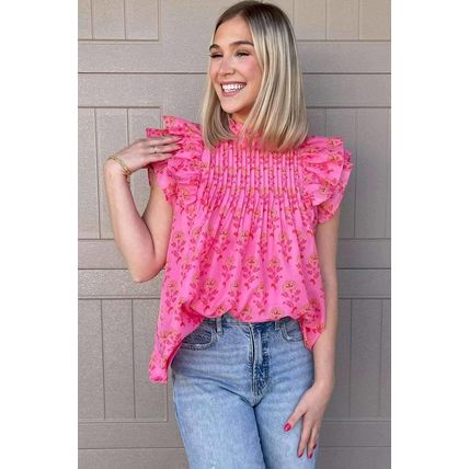 Rose Red Floral Print Pleated Ruffled Flutter Sleeve Blouse