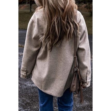 Light Grey Turn Down Collar Flap Pockets Buttoned Shacket