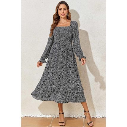 Black Floral Printed Long Sleeve Square Neck Midi Dress