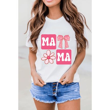 White MAMA Bow Flower Print Crewneck T Shirt