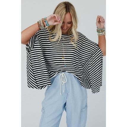 Black Stripe Batwing Sleeve Crewneck Oversized Top