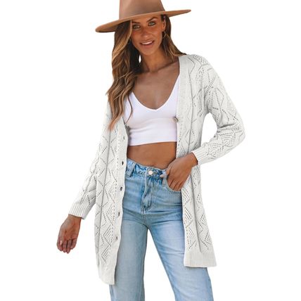 White Hollow-out Openwork Knit Cardigan