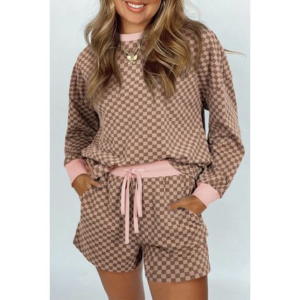 Brown Checkerboard Long Sleeve Pullover and Shorts Set
