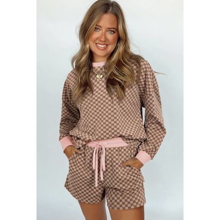 Brown Checkerboard Long Sleeve Pullover and Shorts Set