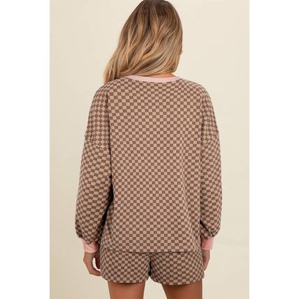 Brown Checkerboard Long Sleeve Pullover and Shorts Set