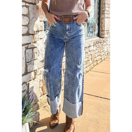 Ashleigh Blue Mineral Wash Bottom Cuff Distressed Wide Leg Jeans