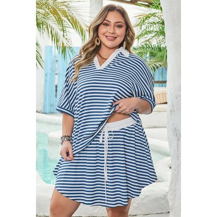 Blue Stripe Short Sleeve Collared V Neck Top Plus Size Short Set