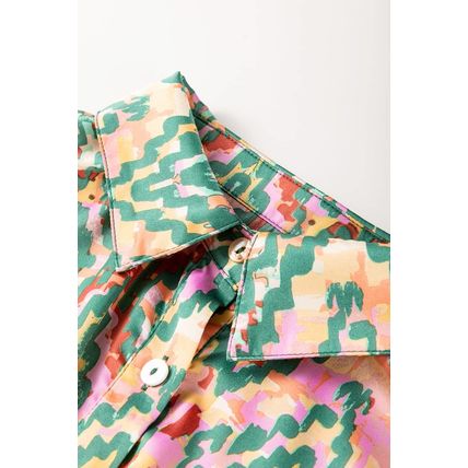 Dark Green Abstract Print Half Sleeve Button up Loose Shirt