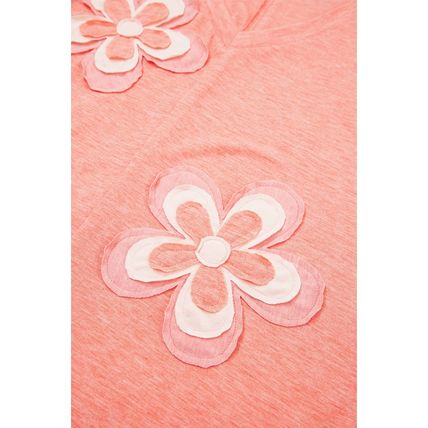 Fresh Salmon Floral Patchwork V Neck Long Sleeve T Shirt