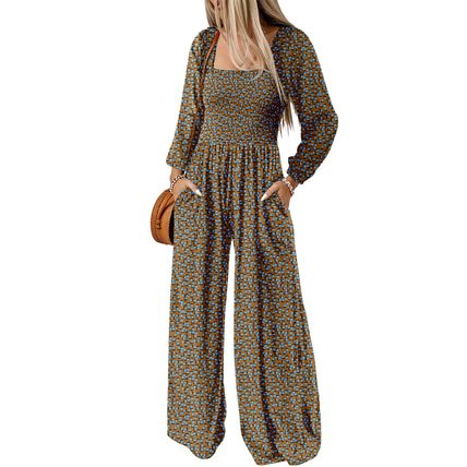 Brown Floral Print Western Smocked Bodice Square Neck Wide Leg Jumpsuit