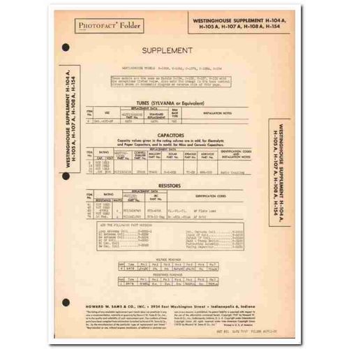 westinghouse model h-10xa h-154 radio supplement sams photofact manual