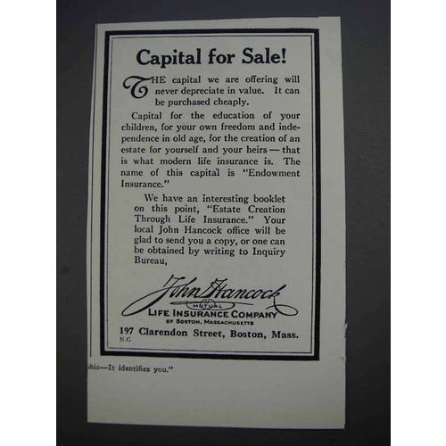 1927 John Hancock Life Insurance Ad - Capital for Sale