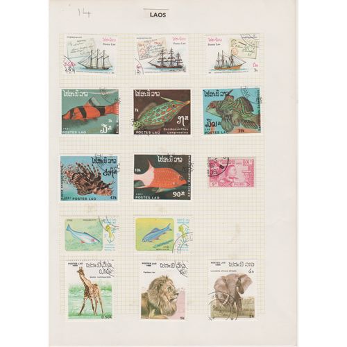 Laos page of 14 with sailing ships fish & African wildlife