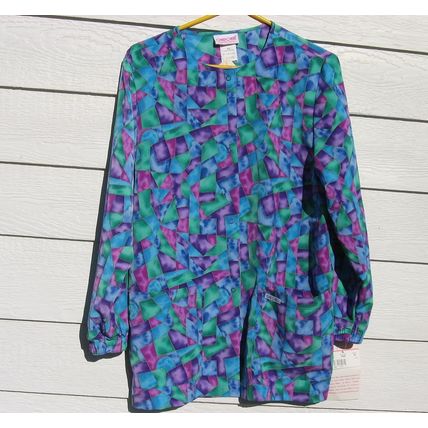 Cherokee Scrub Top XS 42 Chest NWT Stain Glass Blue Green Pink Medical Vet