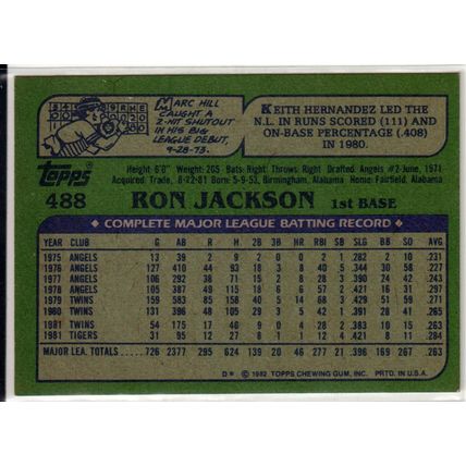 1982 Topps baseball card 488 Ron Jackson- Tigers