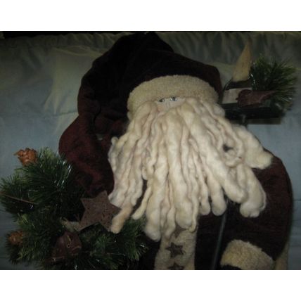 Santa Claus Doll in Burgundy Outfit w/very long cap, bird and evergreens
