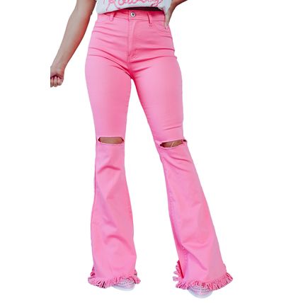 Pink Vintage High Waist Flare Leg Ripped Raw Hem Jeans