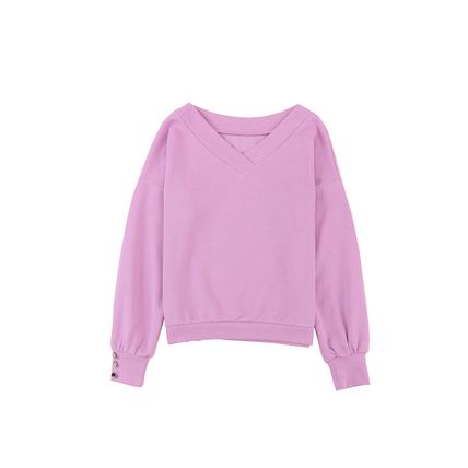 Purple Knitted V Neck Buttoned Cuffs Sweater
