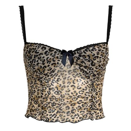 Vintage Leopard Crop Print Top Sexy Contrast Color Bow Lace Patchwork Camis Sexy