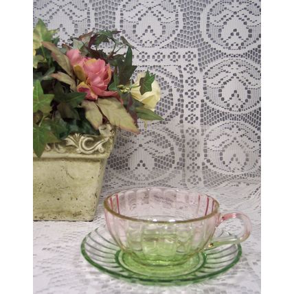 Pink & Green Watermelon-Colored Glass Teacup & Saucer or Coffee Cup Set - NEW