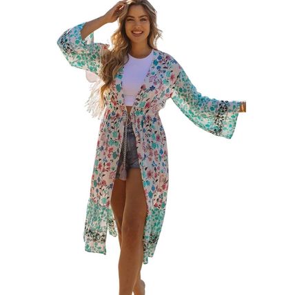 Multicolor Long Sleeve Tassel Tie Floral Kimono