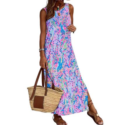 Purple Abstract Floral Print Sleeveless Maxi Dress