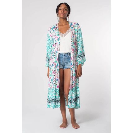 Multicolor Long Sleeve Tassel Tie Floral Kimono