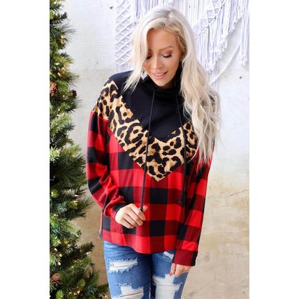 Red Chevron Plaid Leopard Patchwork Turtleneck Sweatshirt