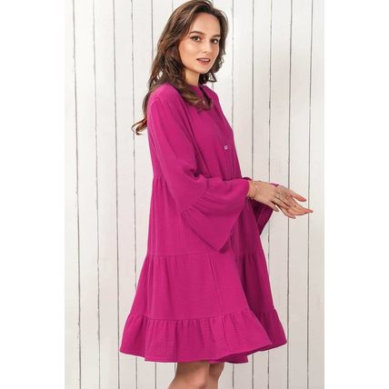 Rose Crinkled Tiered Split Neck Shirt Dress