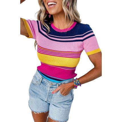 Pink Mixed Stripes Ribbed Knit Top