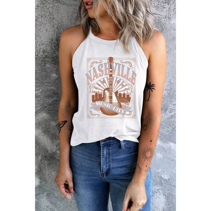 White NASHVILLE MUSIC CITY Guitar Graphic Tank Top