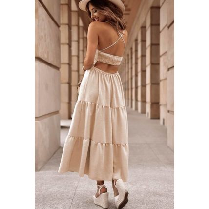 Oatmeal Crossover Backless Bodice Tiered Maxi Dress