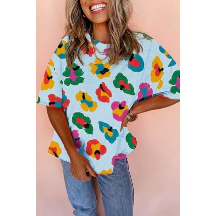 Sky Blue Leopard Drop Shoulder Oversize Tee