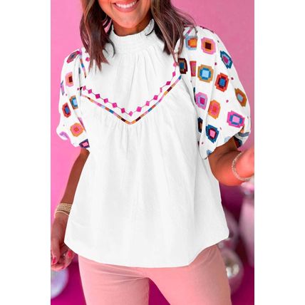 White Embroidered Smocked Neck Puff Sleeve Top