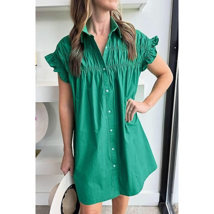 Bright Green Shirred Ruffle Sleeve Button Up Short Dress