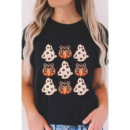 Black Halloween Ghost Pumpkin Print Crew Neck T Shirt