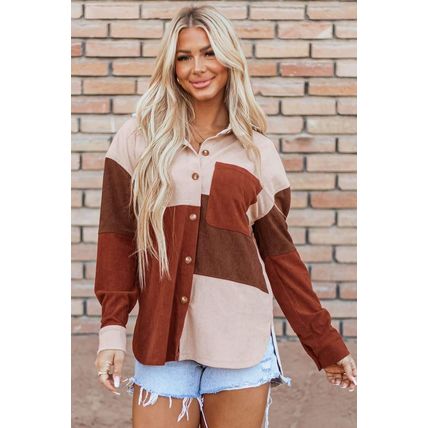 Cinnamon Colorblock Curved Hem Corduroy Shacket with Pocket